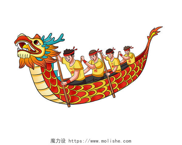 彩色手绘卡通人物赛龙舟端午节传统节日元素PNG素材